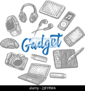 Collection de gadgets électroniques avec appareils et équipements portables modernes illustration vectorielle isolée de style tracé à la main Illustration de Vecteur