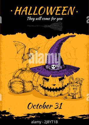 Affiche tirée à la main d'Halloween avec lanterne de manque en violet chapeau de sorcière sur l'illustration vectorielle d'arrière-plan de texture Illustration de Vecteur
