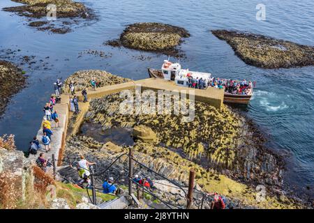Les touristes embarquent à bord d'un bateau touristique au niveau de l'atterrissage sur l'île de Staffa, Inner Hebrides, Écosse, Royaume-Uni Banque D'Images