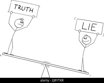 Deux personnes sur les balances tenant des signes de mensonge et de vérité , Illustration de la figure de bâton de dessin vectoriel Illustration de Vecteur