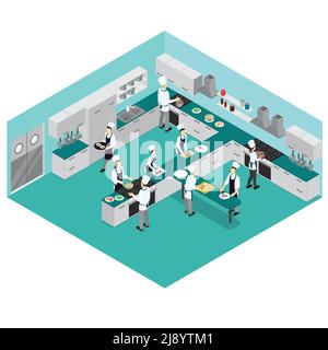 Concept isométrique de cuisine de restaurant avec des personnes préparant différents repas et illustration vectorielle des plats dans la salle de cuisine Illustration de Vecteur