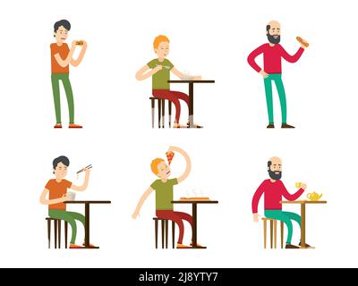 Des hommes plats dégusterent différents plats et boivent illustration vectorielle isolée tea Illustration de Vecteur