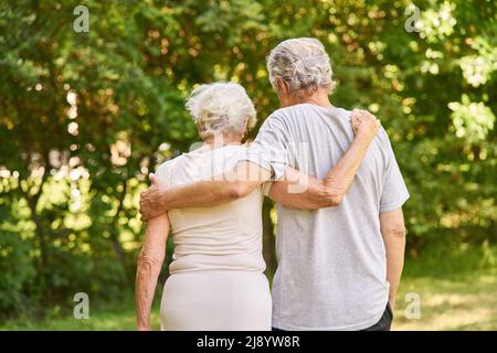 Heureux couple senior marchant bras dans bras dans la nature en été Banque D'Images