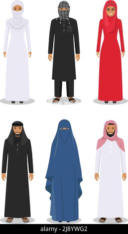 Illustration détaillée de différents hommes et femmes arabes debout dans les vêtements traditionnels nationaux musulmans arabes isolés sur fond blanc dans plat Illustration de Vecteur
