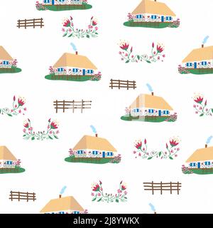 Maison traditionnelle ukrainienne à motifs sans couture avec murs blancs, toit de chaume, jardin fleuri et clôture en osier. Illustration de Vecteur