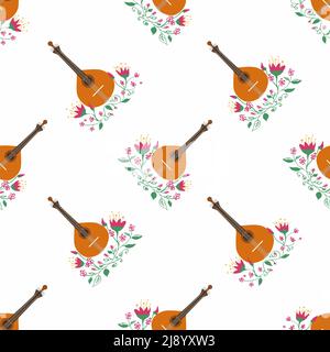 Guitare portugaise modèle sans couture avec fleurs, tuiles azulejo typiques. Musique et traditions musicales Illustration de Vecteur