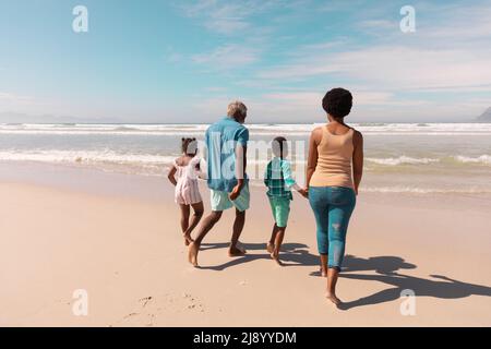 Vue arrière des grands-parents afro-américains avec petits-enfants marchant vers la mer contre le ciel Banque D'Images