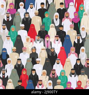 Vector Seamless pattern groupe d'hommes et de femmes arabes debout ensemble dans différents vêtements traditionnels islamiques. Différents styles de robe. Mignon et simpl Illustration de Vecteur