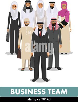 Homme et femme arabes debout ensemble dans différents vêtements traditionnels islamiques sur fond blanc dans un style plat. Différents styles de robe. Conception plate p Illustration de Vecteur