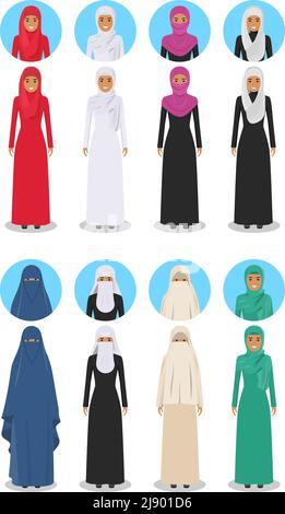 Concept social et familial. Illustration détaillée de différentes femmes arabes debout dans les vêtements traditionnels arabes musulmans nationaux isolés sur blanc Illustration de Vecteur