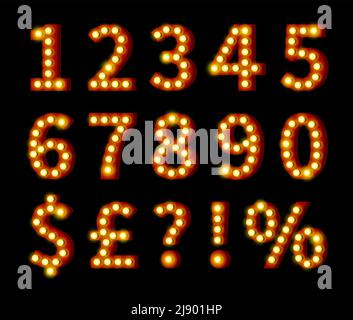 Chiffres et symboles jaune orangés isolés sur fond noir Illustration de Vecteur