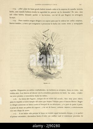 Page d'Orlando Furioso illustrée par Gustave Dore, un roman chivalrique médiéval, texte espagnol Banque D'Images