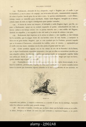 Page d'Orlando Furioso illustrée par Gustave Dore, un roman chivalrique médiéval, texte espagnol Banque D'Images