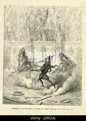 Page d'Orlando Furioso illustré par Gustave Dore, une romance chivalrique médiévale, je l'ai immédiatement ramassé du sol, et l'ai jeté tête en premier à ses pieds. Texte espagnol. Enseguida le alzo del suelo, y lo arrojo de cabeza a sus pies Banque D'Images