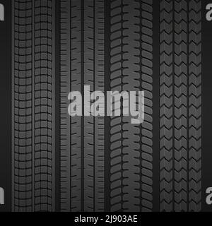 Jeu d'impressions de différents types de pneus sur fond gris foncé. Illustration vectorielle Illustration de Vecteur