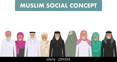 Des hommes et des femmes arabes âgés debout ensemble dans différents vêtements traditionnels islamiques sur fond blanc dans un style plat. Différents styles de robe. Dési. Plat Illustration de Vecteur