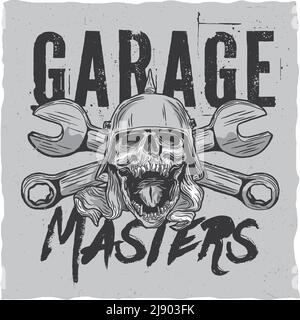 Garage maîtres t-shirt design étiquette avec illustraton de crâne à le casque avec une clé sur un arrière-plan Illustration de Vecteur