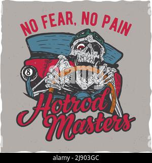Étiquette de t-shirt HotRod Masters avec illustration de la mort en colère pilote hotrod Illustration de Vecteur