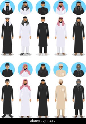 Concept social et familial. Illustration détaillée de différents hommes arabes debout dans les vêtements traditionnels nationaux musulmans arabes isolés sur blanc b. Illustration de Vecteur