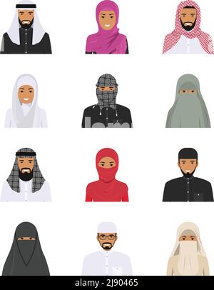 Illustration détaillée de différents avatars arabes icônes placées dans le traditionnel national musulman arabe vêtements isolés sur fond blanc en fl Illustration de Vecteur