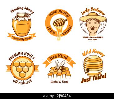 Étiquettes miel et logo apiculture. Aliments sucrés, insectes et cellules, nid d'abeille et cire d'abeille, peigne et cire. Illustration vectorielle Illustration de Vecteur