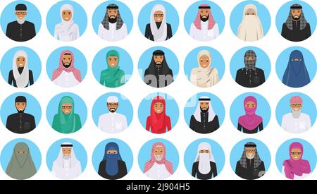 Illustration détaillée de différents avatars arabes icônes placées dans le traditionnel national musulman arabe vêtements isolés sur fond bleu dans la fla Illustration de Vecteur