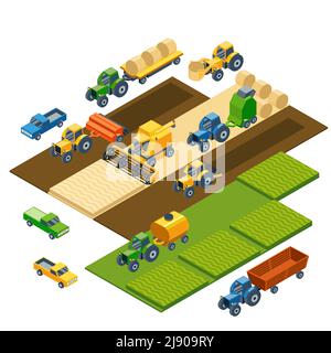 Equipement agricole isométrique, tracteurs agricoles, camions, remorques et pick-up. Ramassage de transport, paysage de la nature de champ, récolte et grain, pelouse Illustration de Vecteur