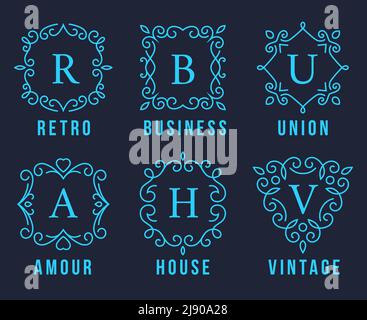 Logos de monogramme bleu clair ensemble Design graphique sur fond gris foncé. Met l'accent sur le syndicat d'affaires rétro Amour House et Vintage concepts. Illustration de Vecteur