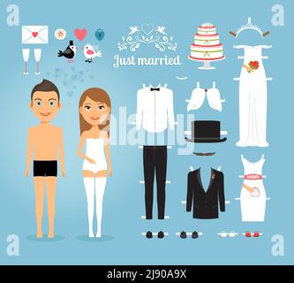 Mignon couple juste marié papier poupées avec ensemble de mariage Sur fond bleu ciel Illustration de Vecteur
