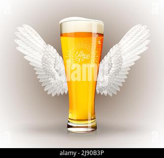 Verre de bière avec ailes d'ange et emblème de l'hipster Illustration de Vecteur