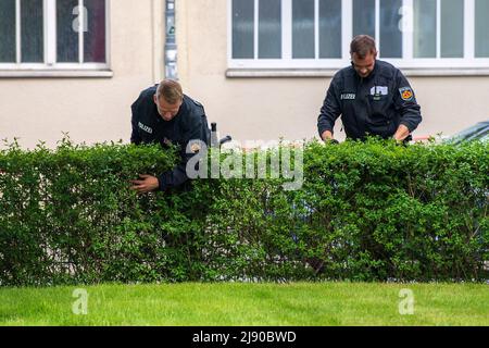 Bremerhaven, Allemagne. 19th mai 2022. Les policiers fouchent des buissons et des haies près de l'école. Des coups de feu ont été tirés jeudi dans une école secondaire de Bremerhaven. Une femme a été blessée avec le fusil, a déclaré un porte-parole de la police. L'auteur a été arrêté après le crime. Credit: Sina Schuldt/dpa/Alay Live News Banque D'Images