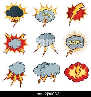 Icônes de la foudre définies dans le style de bande dessinée de dessin animé. Explosion éclair, caricature de nuages, orage d'électricité, illustration vectorielle Illustration de Vecteur