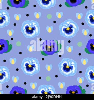 Pansies bleues avec coeurs et pois, motif sans couture Illustration de Vecteur