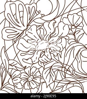 Camomille et papillon coloriage livre pour les enfants nature insectes animaux fleurs soleil et glade dessin à la main printemps été illustration drôle Banque D'Images