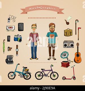 Hipster concept infographie avec homme, fille et accessoires isolés sur fond Illustration de Vecteur