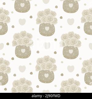 Roses beiges dans des vases sur fond beige clair, motif sans couture Illustration de Vecteur