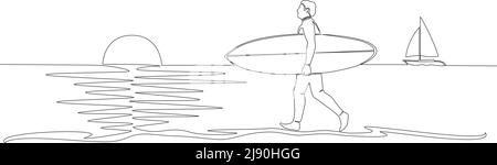 dessin d'un seul trait d'homme portant une planche de surf sur la plage, illustration vectorielle d'art de ligne Illustration de Vecteur