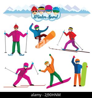 Personnes impliquées dans le sport d'hiver. Femme et homme de vacances, skieur et loisir, illustration de loisirs extrêmes. Caractères vectoriels de style plat Illustration de Vecteur