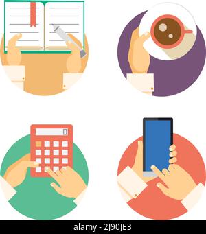 Ensemble d'icônes de mains d'affaires montrant des actions, y compris la rédaction un journal portant la comptabilité du café sur une calculatrice et l'envoi de sms ou navigation sur les Illustration de Vecteur