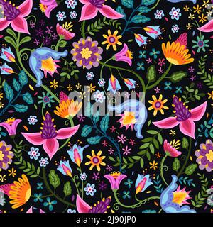 Joli motif fleuri dessiné à la main sans couture avec fleurs et feuilles de coloful, arrière-plan vibrant, idéal pour les textiles, les surfaces, les fonds, bannières, wal Illustration de Vecteur