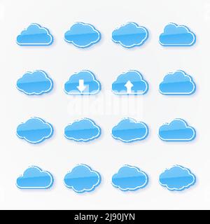 Ensemble de seize icônes de nuages bleus de différentes formes représentant le temps avec deux flèches montrant vers le haut et vers le bas transmission des données en c Illustration de Vecteur