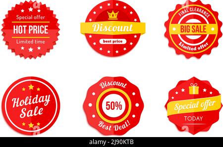 Six différentes publicités Red Discount sale Tag Illustration de Vecteur