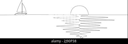 dessin d'une seule ligne de coucher de soleil à la mer avec voilier à l'horizon, illustration vectorielle d'art de ligne Illustration de Vecteur