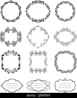 Cadres et bordures ornementaux noirs arrondis à motif floral vintage pour Décorations pour cartes Illustration de Vecteur