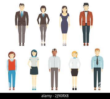 Ensemble de personnages humains plats jeunes hommes et femmes membres d'un groupe ou d'une équipe d'employés de l'entreprise qui portent leur bureau ou des vêtements habillés sur toute la longueur Illustration de Vecteur