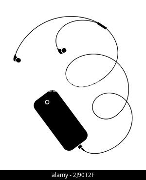 Silhouette de téléphone portable avec casque filaire. Écoutez de la musique, de la radio ou du son. Smartphone à illustration isolée noir et blanc Banque D'Images