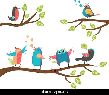 Ensemble de jolis oiseaux de dessin animé colorés perchés sur des branches avec un hibou de lovebird de blackbird se vole en chantant et tweetant avec deux impliqués dans un cour Illustration de Vecteur