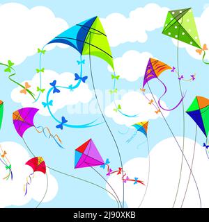 Cerfs-volants et ciel avec nuages horizontal fond sans couture. Jouets et jeux, vent et jeu, ciel et liberté Illustration de Vecteur