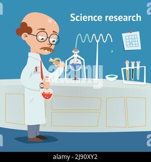 Scientifique faisant des recherches dans un laboratoire chimique avec diverses expériences en cours alors qu'il verse une solution à partir d'un tube à essai dans un bécher vecteur illu Illustration de Vecteur