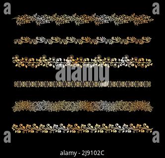 Ensemble d'éléments décoratifs à bordure florale vectorielle en blanc un fond noir avec défilement complexe calligraphique vignes fleurs et feuilles avec fi Illustration de Vecteur